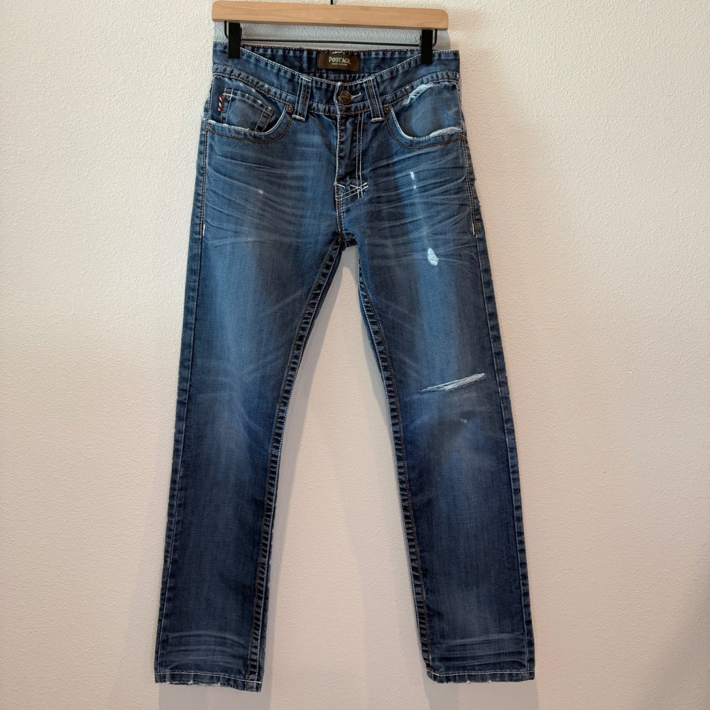 POSTAGE Mens Jeans 30x32 Y2K Distressed Straight Leg Thick Stitch Skater Grunge